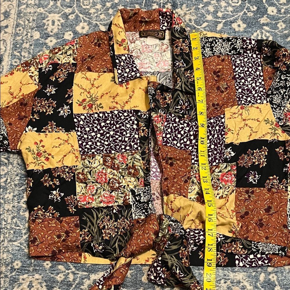Vintage Virgo II Patchwork Multi Design Bohemian Tie-Front Blouse Hippie - Picture 7 of 9